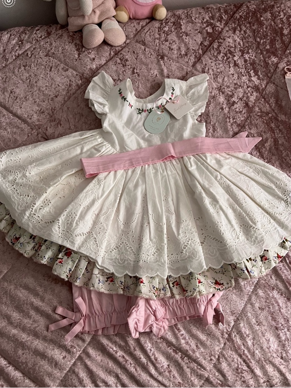 Beautiful Puffy White Girls'  Party Dress with Pink Accents.